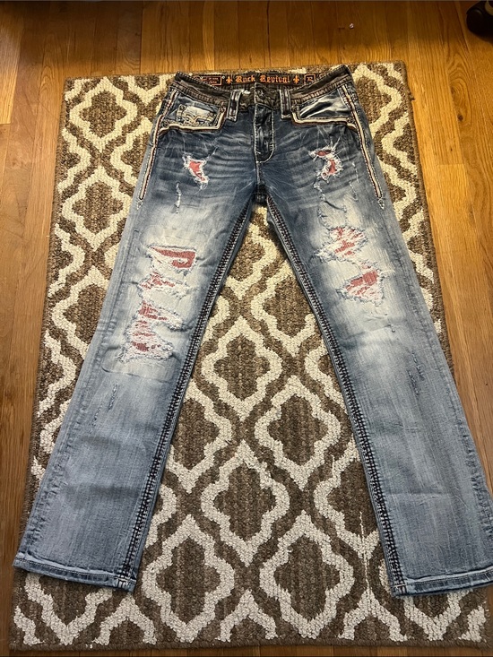 Rock Revival Other - Rock Revival men’s Straight Leg Distressed Blue Jeans with Red Underlay